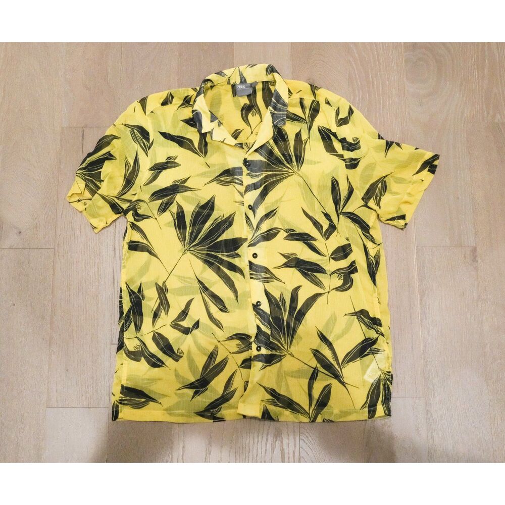 ASOS Semi-Sheer Tropical Palm Leaf Hawaiian Shirt Yellow Black Men's Medium